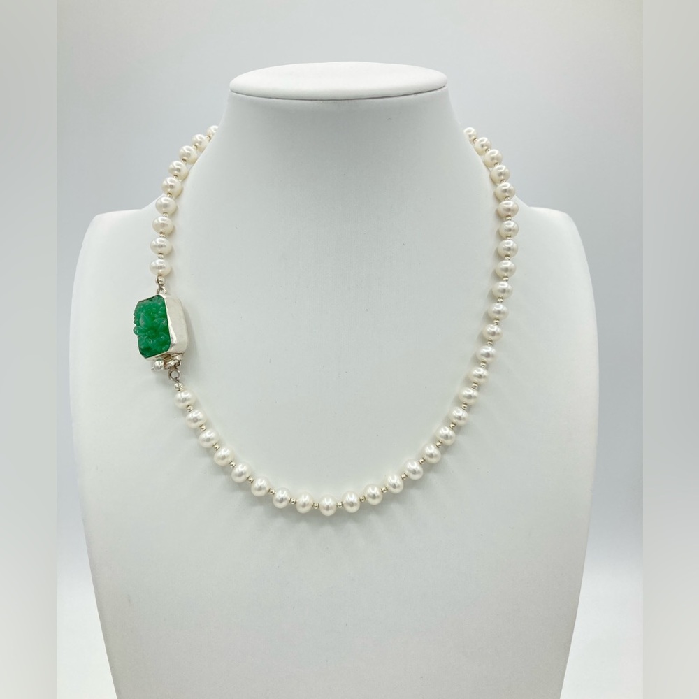 Freshwater pearl necklace with vintage green Japanese glass sterling box clasp